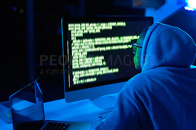 Buy stock photo Code, man or hacker with computer or screen for cybercrime, malware or phishing for stealing online data. Programmer, dark or software update on pc with hacking expert for theft on website in night