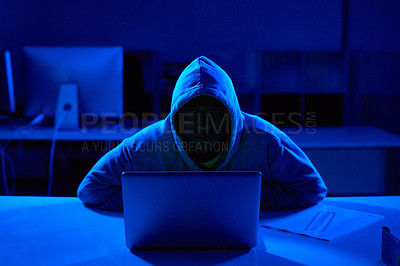 Buy stock photo Person, hoodie or hacker with laptop for cybersecurity problem, malware or phishing for crime. Programmer, night and software update on technology with dark hacking expert writing algorithm system