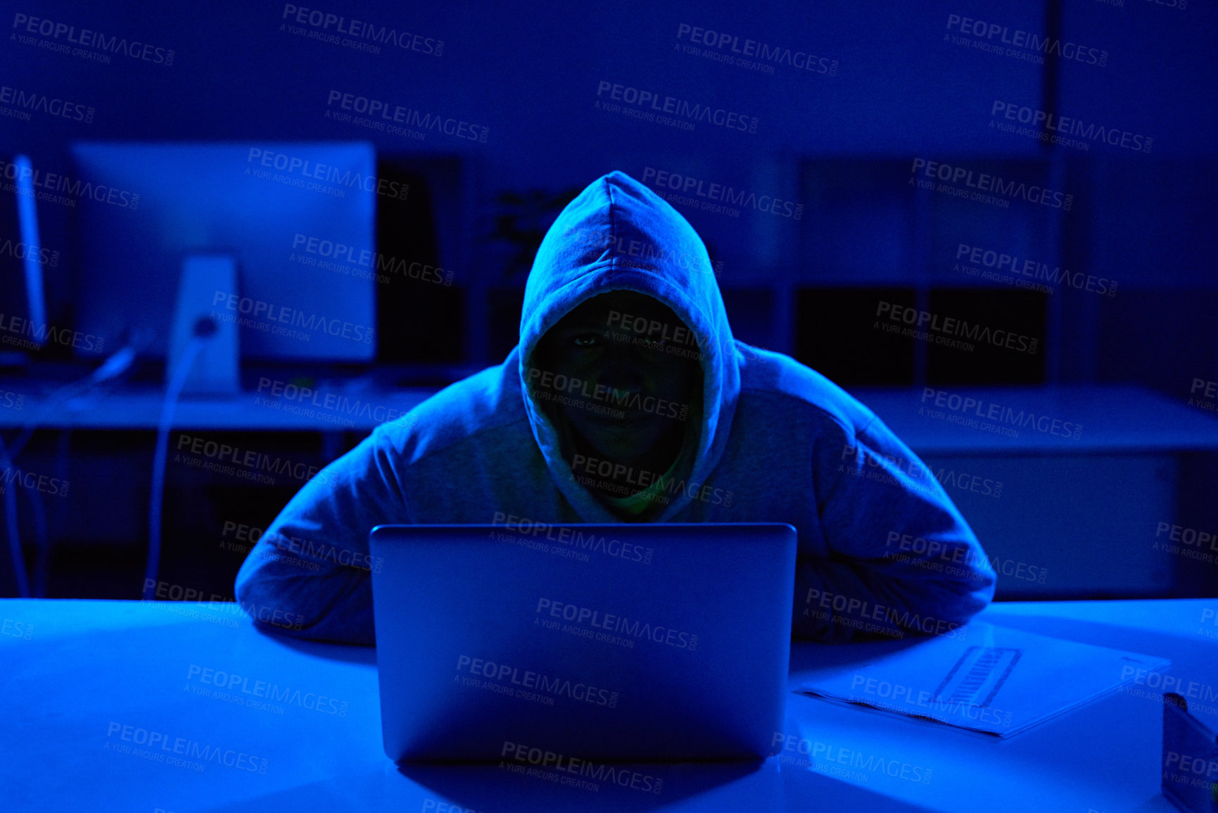 Buy stock photo Person, hoodie or hacker with laptop for cybersecurity problem, malware or phishing for crime. Programmer, night and software update on technology with dark hacking expert writing algorithm system