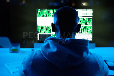 Buy stock photo Back, person or hacker with laptop for cybercrime, malware or phishing for stealing online data. Programmer, night or typing software update on technology with hacking expert writing algorithm system