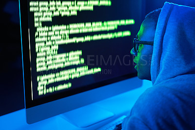 Buy stock photo Code, man or hacker with pc or screen for cybercrime, malware or phishing for stealing online data. Programmer, dark or software update on computer with hacking expert for theft on website in night