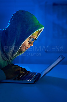 Buy stock photo Server, black man or hacker coding on laptop for cybercrime, malware or phishing for stealing online data. Programmer, reading or software update on pc for hacking scam or theft on website in night