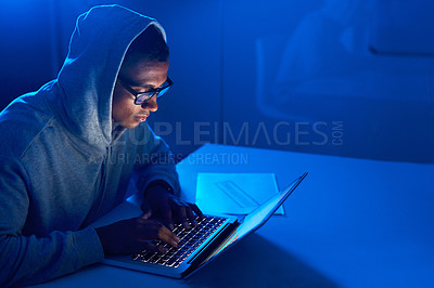 Buy stock photo Scam, black man or hacker stealing on laptop for cybercrime, malware or phishing for coding online data. Programmer, password theft or software update on tech for hacking server on website in night