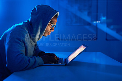 Buy stock photo Scam, black man or hacker coding on laptop for cybercrime, malware or phishing for stealing online data. Programmer, reading or software update on tech for hacking server or theft on website in night