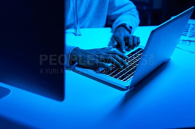 Buy stock photo Hands, fraud or hacker stealing on laptop for cybercrime scam, malware or phishing online data in dark. Programmer, person or pc software update on tech for hacking private server on website in night