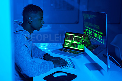 Buy stock photo Theft, screen or black man hacking computer for cybercrime, malware or phishing for stealing online data. Hacker, night and software update on pc with coding expert or access denied web notification