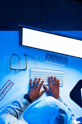 Buy stock photo Mockup space, screen or black man hacking computer for cybercrime, malware or phishing for stealing online data. Hacker, night and software update on pc with coding error, 404 or web notification