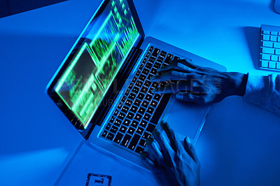 Buy stock photo Hands, fraud or hacker on laptop for cybercrime scam, malware or phishing online data in dark. Programmer, person or above of pc software update on tech for hacking private server on website in night