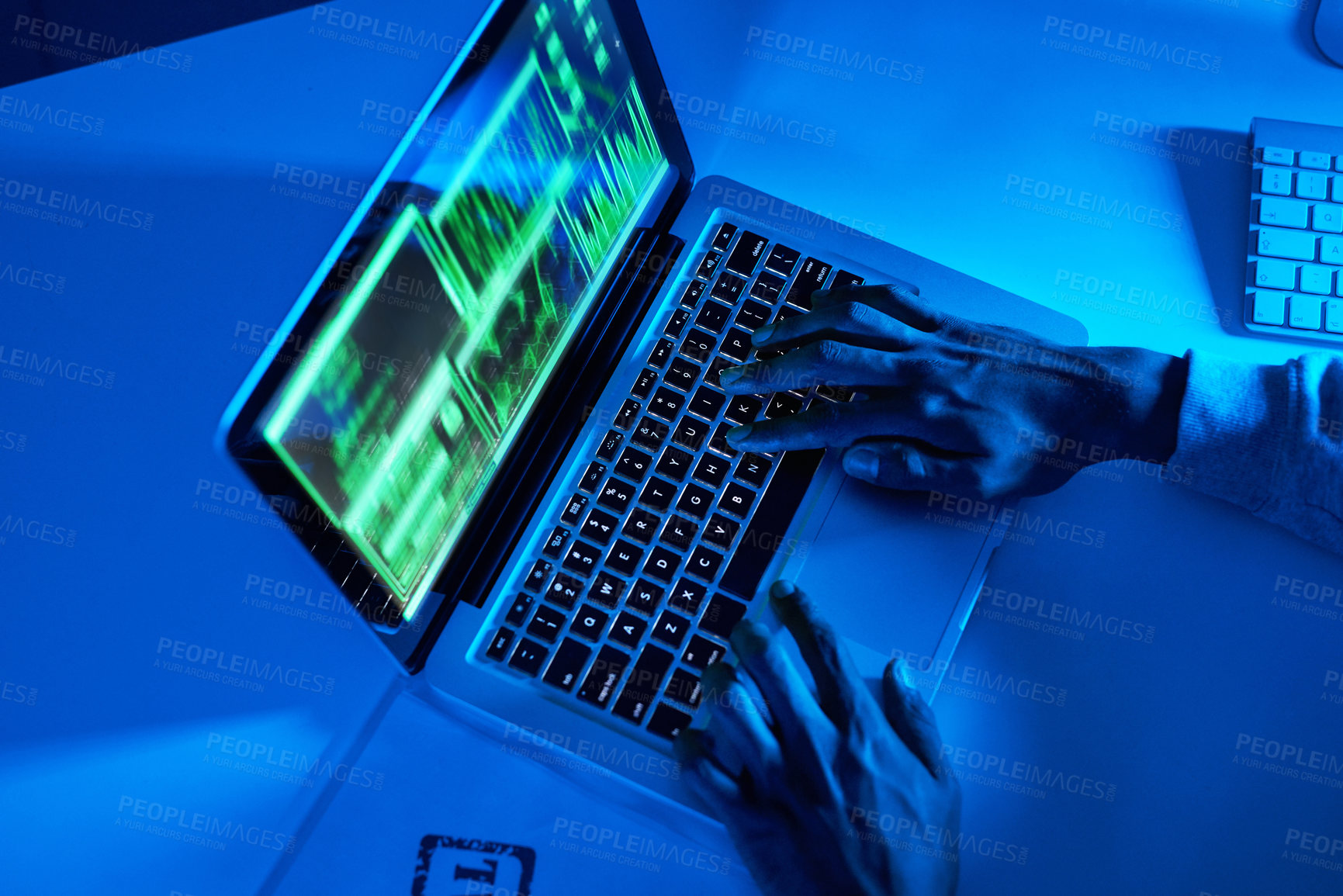 Buy stock photo Hands, fraud or hacker on laptop for cybercrime scam, malware or phishing online data in dark. Programmer, person or above of pc software update on tech for hacking private server on website in night