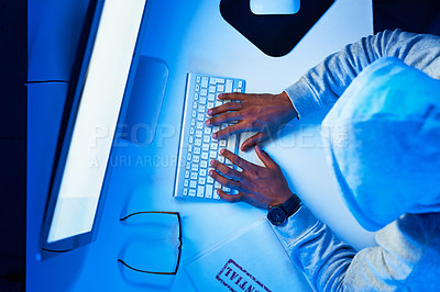 Buy stock photo Top view, screen or man hacking computer for cybercrime, malware or phishing for stealing online data. Hacker, hoodie and software update on pc with coding error, mockup space or web notification