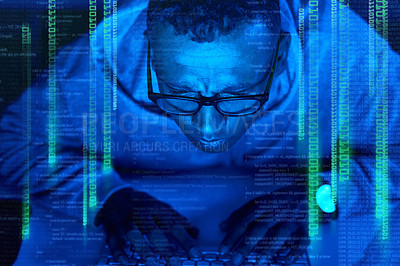 Buy stock photo Black man, hacker and cracking code overlay of cybersecurity error with coding graphic for cybercrime. Programmer, night and software update on computer with hacking expert writing algorithm system