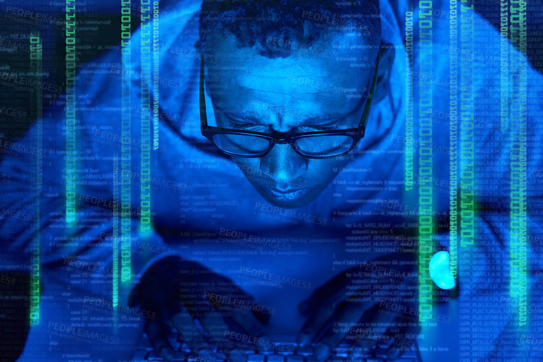 Buy stock photo Black man, hacker and cracking code overlay of cybersecurity error with coding graphic for cybercrime. Programmer, night and software update on computer with hacking expert writing algorithm system