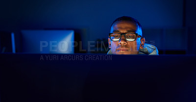 Buy stock photo Night, black man or hacker reading on computer for cybercrime, malware or phishing for stealing online data. Programmer, face and software update on pc for hacking scam or theft on website in dark  