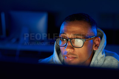 Buy stock photo Night, black man or hacker reading on laptop for cybercrime, malware or phishing for stealing online data. Programmer, face and software update on pc for hacking scam or theft on website in dark  