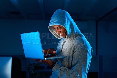 Buy stock photo Night, black man or hacker phishing on laptop for cybercrime, malware or stealing online data. Programmer, excited and software update for hacking scam, password fraud or theft on website in dark