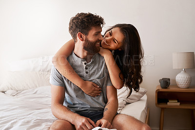 Buy stock photo Love, home bedroom and happy couple hug, bond and spending relax morning together, bonding and smile. Happiness, marriage or romantic people hugging with affection, care and enjoy quality time on bed