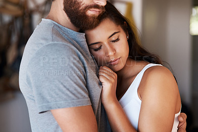 Buy stock photo Love, woman and home couple hug for relationship security, safety support and empathy in living room. Intimacy, marriage bond and romantic people embrace with affection, care or relax in quality time