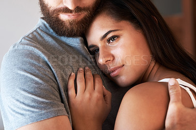 Buy stock photo Love, woman face and relax couple hug for relationship security, empathy and safety support care in home apartment. Intimacy, marriage bond and romantic man, wife or people hugging with affection