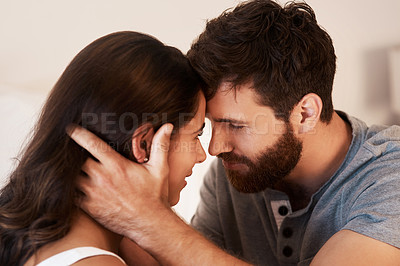 Buy stock photo Forehead, home and face of couple bonding, support and spending relax morning, intimate moment or marriage commitment. Romance, love and people with affection, care and enjoy quality time together