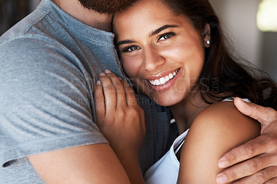 Buy stock photo Love, woman face and portrait of happy couple hug for relationship security, empathy and safety support. Marriage happiness, affection and romantic man, wife or people bond, smile and embrace at home