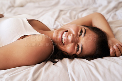 Buy stock photo Bedroom portrait, happy and woman relax for morning wellness, weekend laziness or home relaxation. Mental health rest, vacation happiness and face of female person smile on hotel bed in Argentina