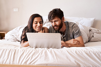 Buy stock photo Bedroom laptop, happy and couple reading web info, relationship blog story and scroll on website. Watch video, home bed and relax people doing online shopping, internet search or check social media 