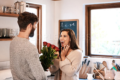 Buy stock photo Rose, flower bouquet and happy couple with surprise gift, floral present and flowers for Valentines Day celebration. Home kitchen, wow or romantic man with roses for marriage anniversary or birthday