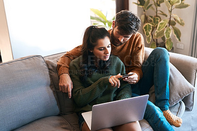 Buy stock photo Laptop, credit card and happy couple on couch, ecommerce or cashback and diversity in home. Smile, man and woman on sofa to relax together, online shopping or payment with bonding time and happiness.