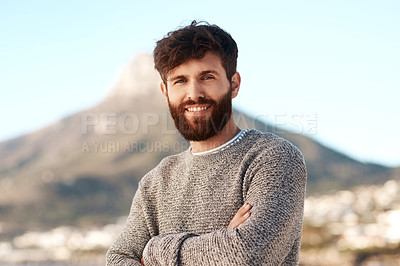 Buy stock photo Nature portrait, arms crossed and happy man relax with outdoor wellness, vacation freedom and smile for peace. Summer sunshine, mountain and male person on travel holiday in Cape Town, South Africa
