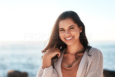 Buy stock photo Beach portrait, happy and woman relax for outdoor wellness, nature freedom and smile for vacation peace. Ocean sea water, summer happiness and face of female person on travel holiday in Argentina