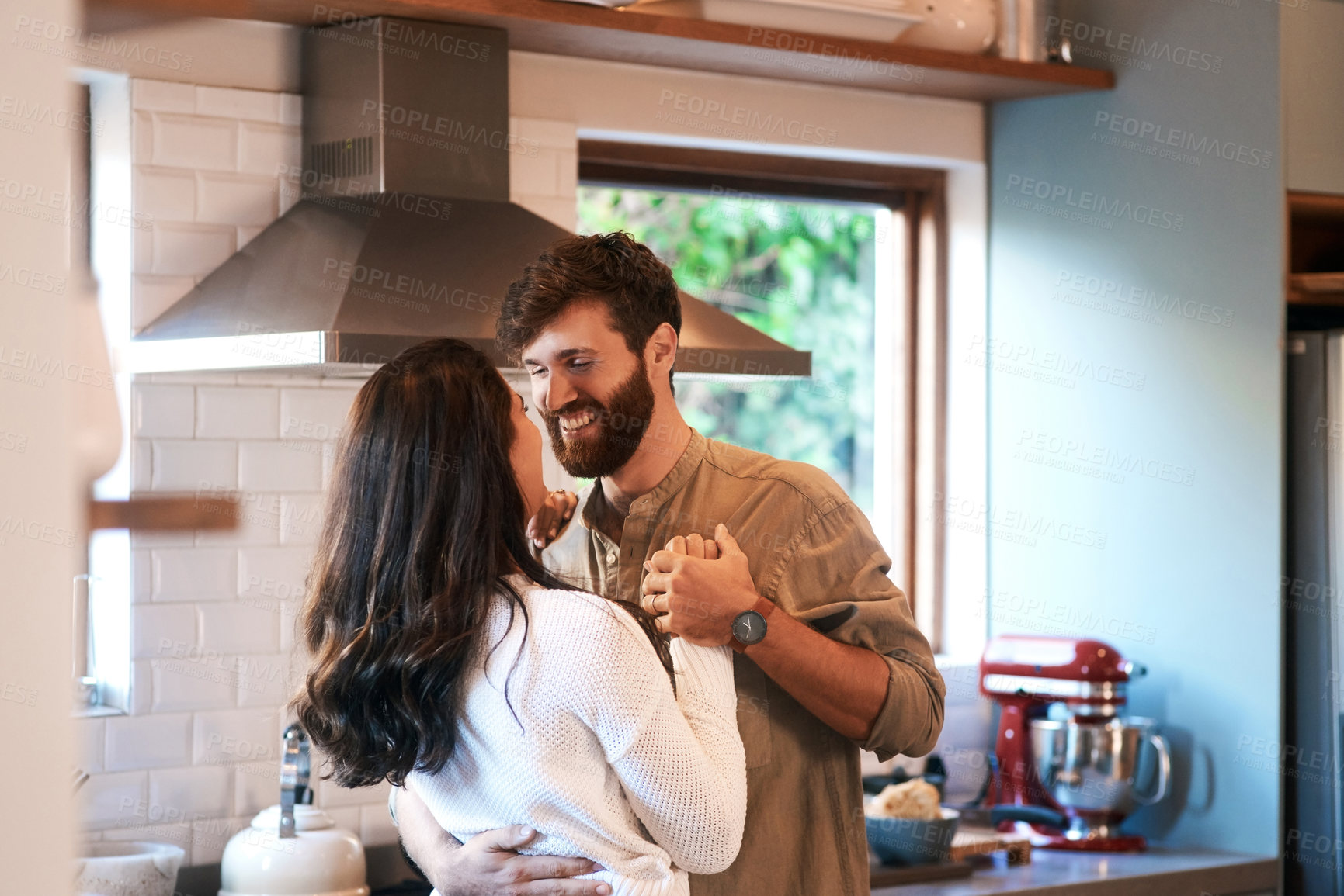 Buy stock photo Home kitchen, happiness and couple dance, bonding and enjoy quality time together, fun and dancing to house music. Dancer, smile and happy man, woman or people with love connection, care and support
