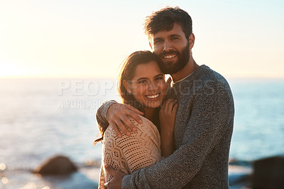 Buy stock photo Love, beach and portrait of couple hug for relaxing, bonding and quality time on romantic date. Nature, travel and man and woman embrace for anniversary or honeymoon on holiday, weekend and vacation