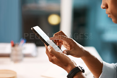 Buy stock photo Business, hands and man with phone in office for contact, communication and email at desk. Person, ecommerce and screen of mobile in workplace for banking, personal finance and app for social media