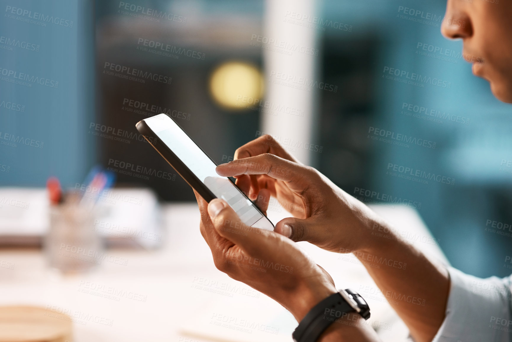 Buy stock photo Business, hands and man with phone in office for contact, communication and email at desk. Person, ecommerce and screen of mobile in workplace for banking, personal finance and app for social media