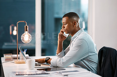 Buy stock photo Business man, laptop and night in office with phone call and online consultation with digital planning. Technology, working and African professional with conversation and mobile networking at desk