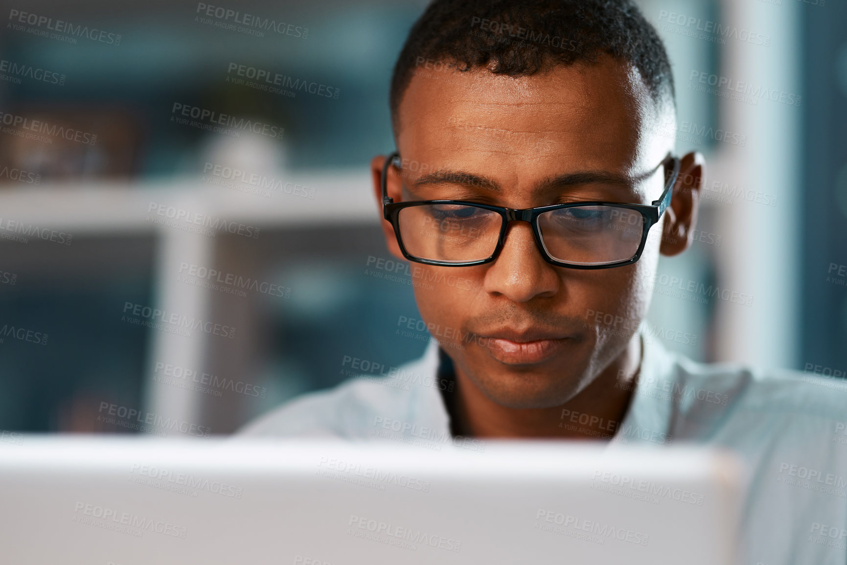 Buy stock photo Business, man and glass typing on laptop for email feedback, financial report and communication of project. Employee, digital and accountant for company budget, reading and information in office