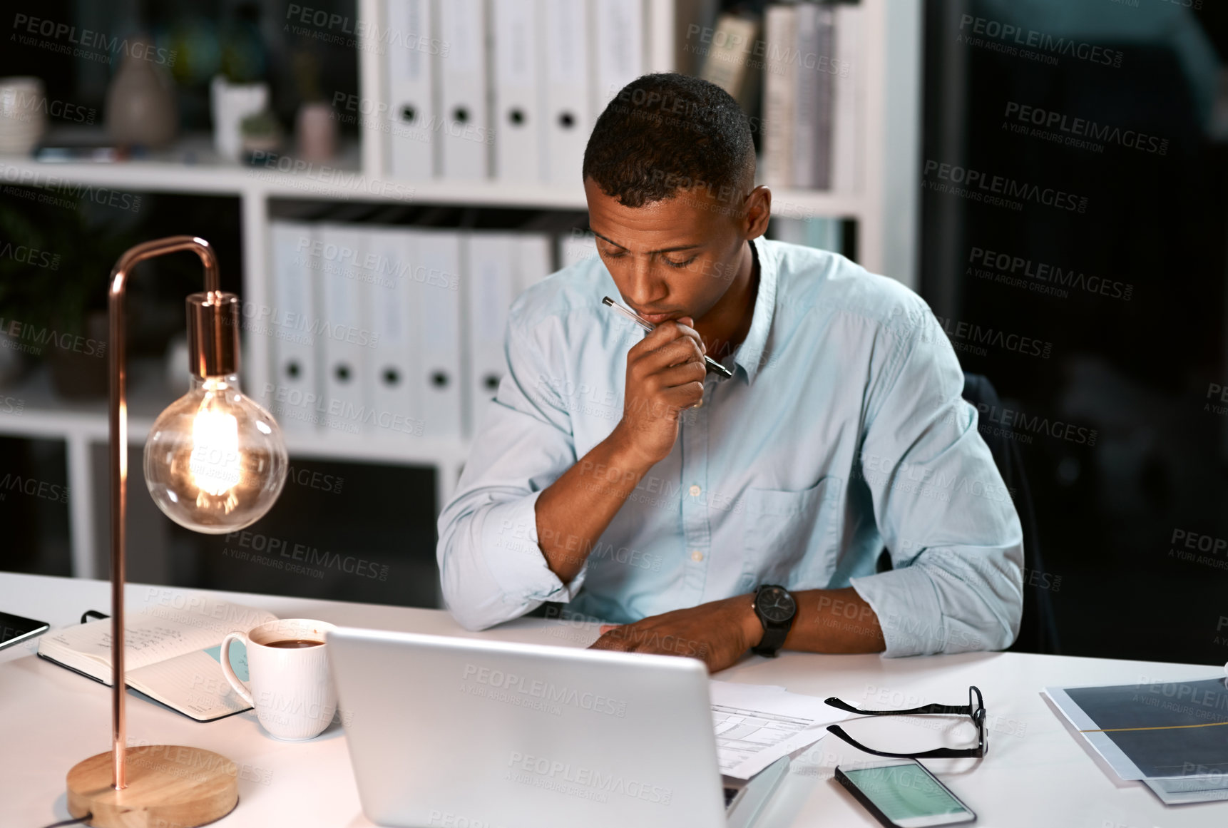 Buy stock photo Business man, laptop and night in office with thinking and digital project with planning with notes. Technology, working and professional back with deadline and online research for website strategy