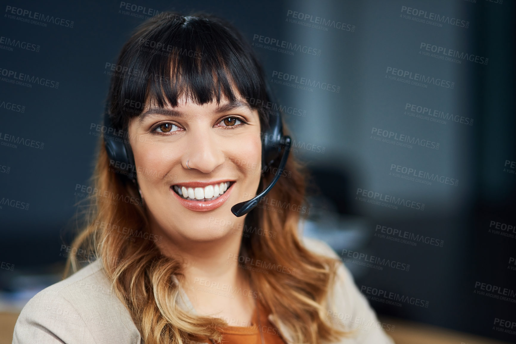 Buy stock photo Portrait, business woman and microphone in call center for customer service, telemarketing and support. Office, female agent and confidence with headset for consulting, listening and helping with FAQ