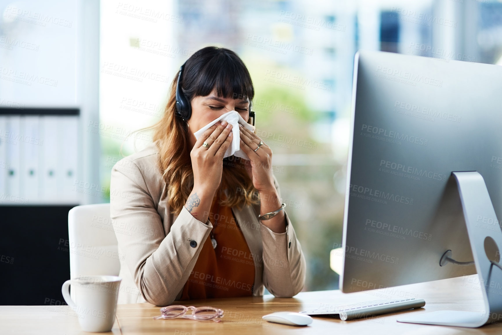 Buy stock photo Sick, woman and blowing nose with computer in office for virus, illness and allergy symptoms. Sneezing, disease and tissue with customer support employee with infection for flu, fever and cold