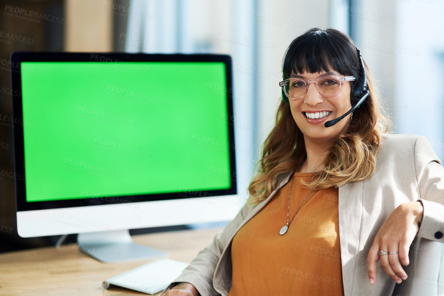 Buy stock photo Portrait, business woman and green screen in call center for customer service, telemarketing and support. Office, female agent and computer with headset for consulting, listening and helping with FAQ