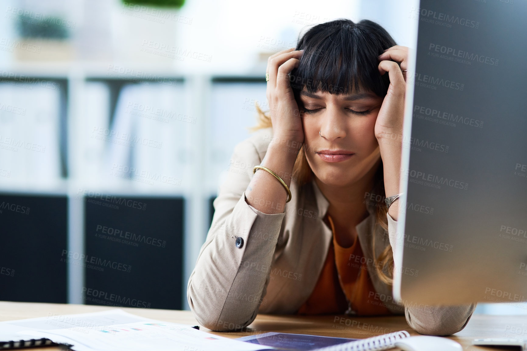 Buy stock photo Headache, computer and business woman in office, exhausted with 404 error and pain. Frustrated, fatigue and tired girl with stress, anxiety and burnout for internet crisis at consultant receptionist