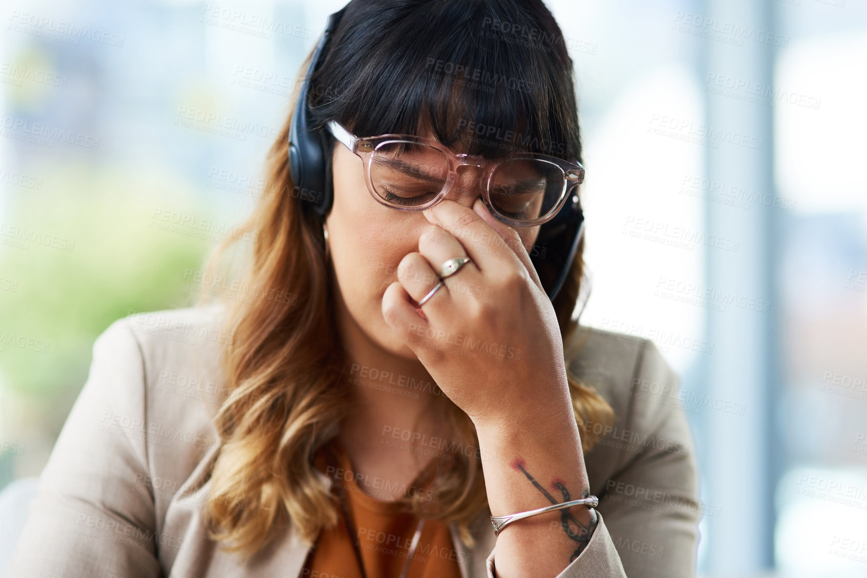 Buy stock photo Eye strain headache, headset and business woman in office, exhausted with 404 error and pain. Frustrated, fatigue and tired girl with stress, anxiety and burnout for internet crisis at receptionist