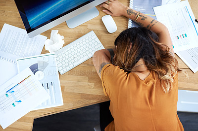 Buy stock photo Woman, documents burnout and sleeping on office desk, sick employee and overwhelmed or exhausted. Female person, above nap and paperwork fatigue in workplace, financial report and tax audit mistake