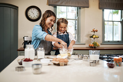 Buy stock photo Baking, mother and girl with ingredients, love and care with happiness, hobby and mixing flour. Teaching, house and cheerful parent with utensils, mama and daughter with skills, learning and help