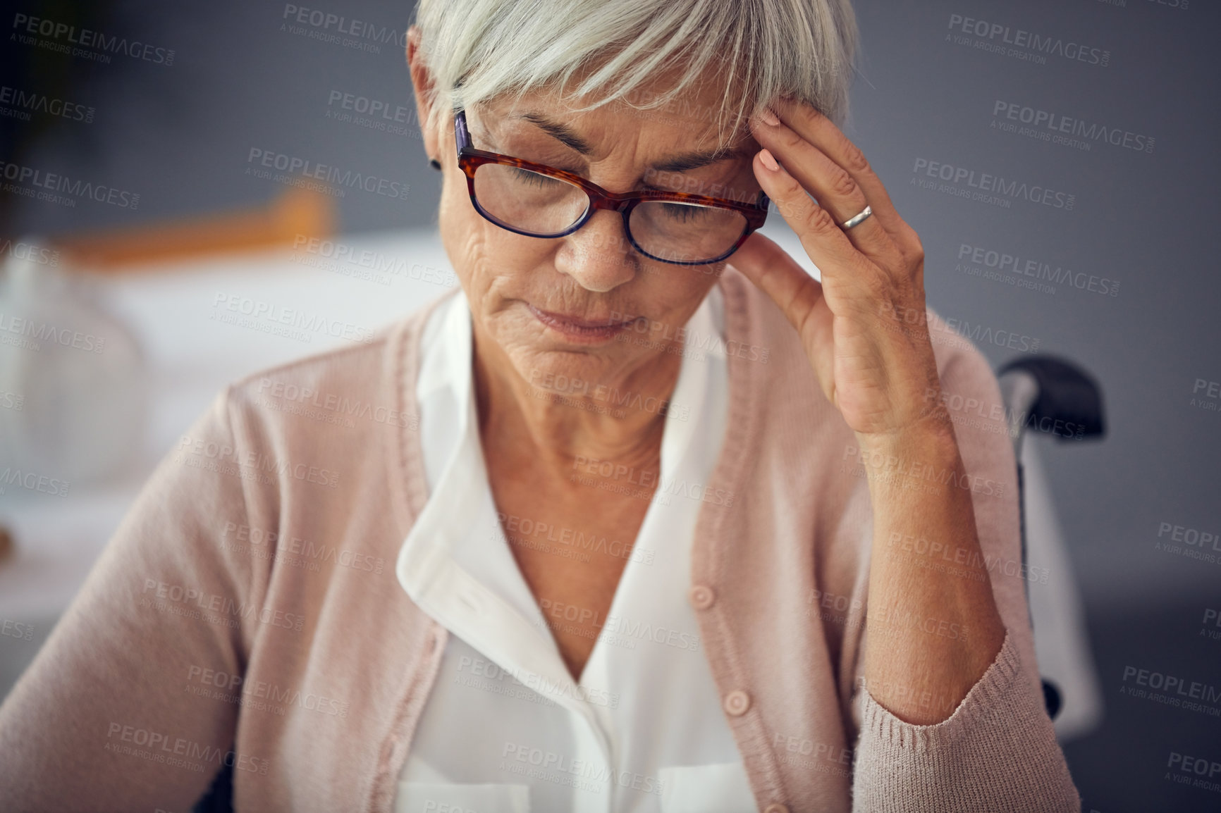 Buy stock photo Elderly woman, tired and headache with stress for dementia, retirement crisis and depressed in home. Senior lady, temple massage and migraine with fatigue, mental health and trauma memory for ptsd