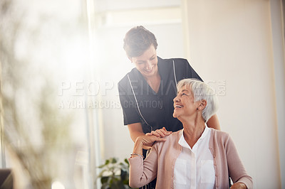 Buy stock photo Support, wheelchair and senior woman with a nurse in a retirement home for wellness and healthcare. Medical, disability and elderly female person bonding with a professional rehabilitation worker.