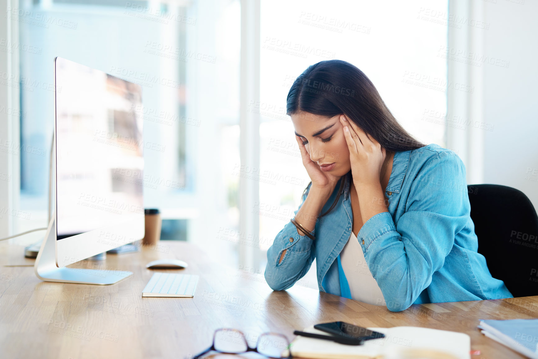 Buy stock photo Fatigue headache, computer and woman in office, exhausted with 404 error, pain or web problem. Frustrated, burnout and tired girl with stress, anxiety and deadline for time management crisis at desk