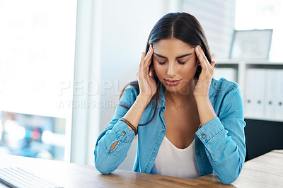 Buy stock photo Frustrated headache, computer and woman in office, exhausted with 404 error, pain or web problem. Burnout, fatigue and tired girl with stress, anxiety and deadline for time management crisis at desk