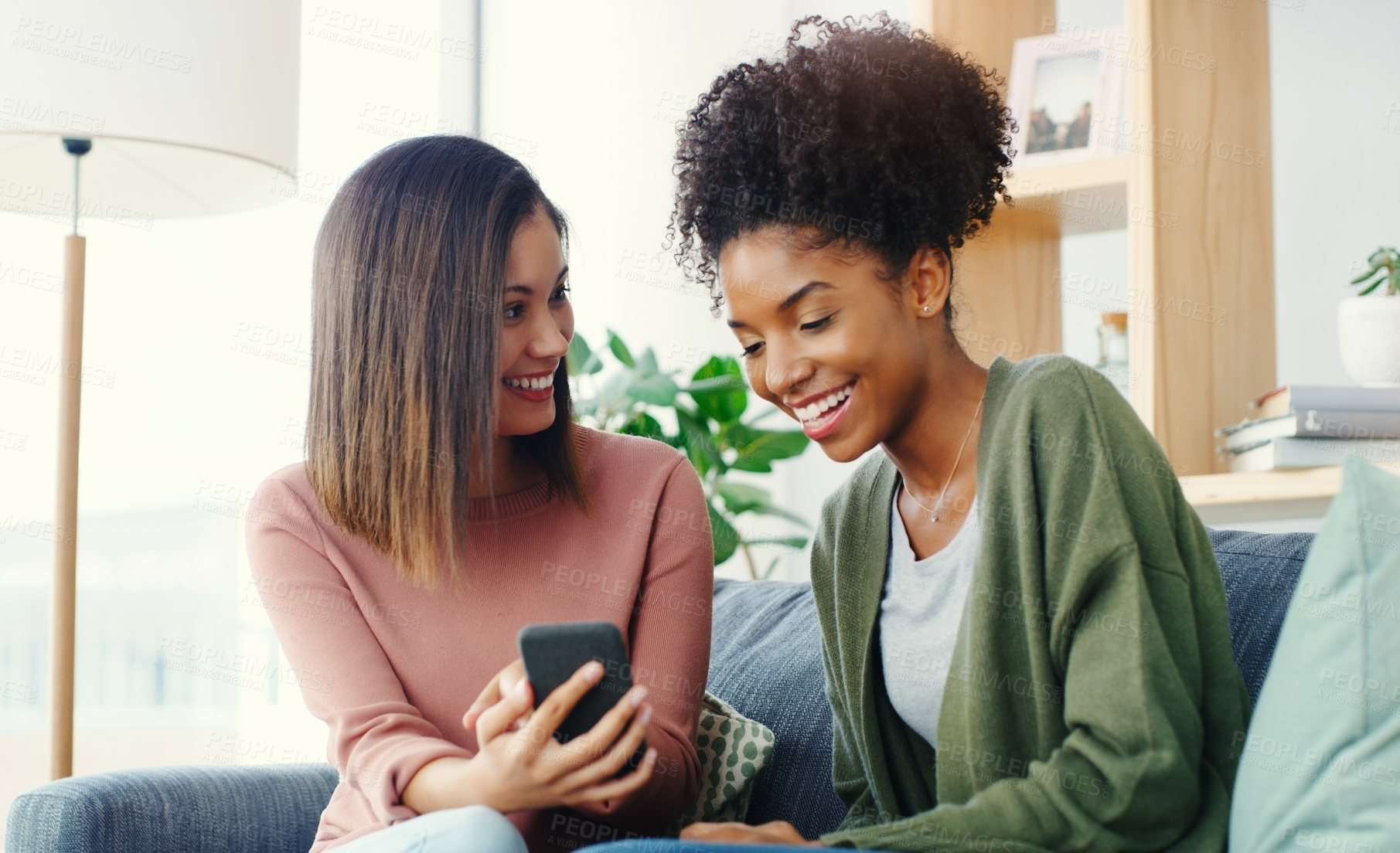 Buy stock photo Cropped shot of two attractive young women using a cellphone while sitting on the sofa in a living room
