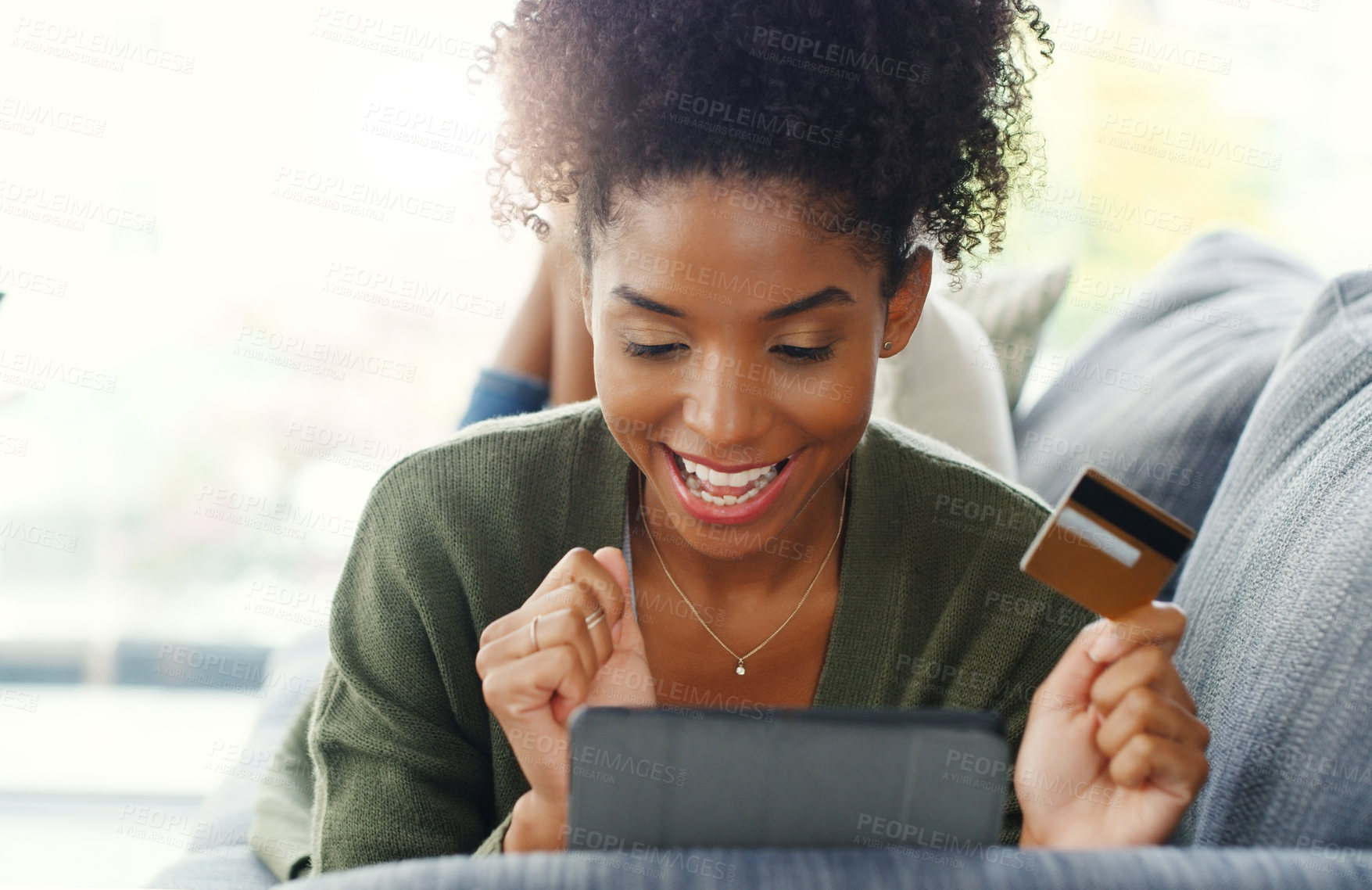 Buy stock photo Black woman, tablet and credit card in home for online shopping, application and connection with smile. Female person, tech and cheerful for fintech, digital or banking in house on weekend or day off